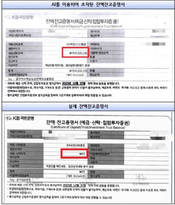 인공지능(AI) 사용해 위조한 허위 잔고증명서. /사진=연합뉴스